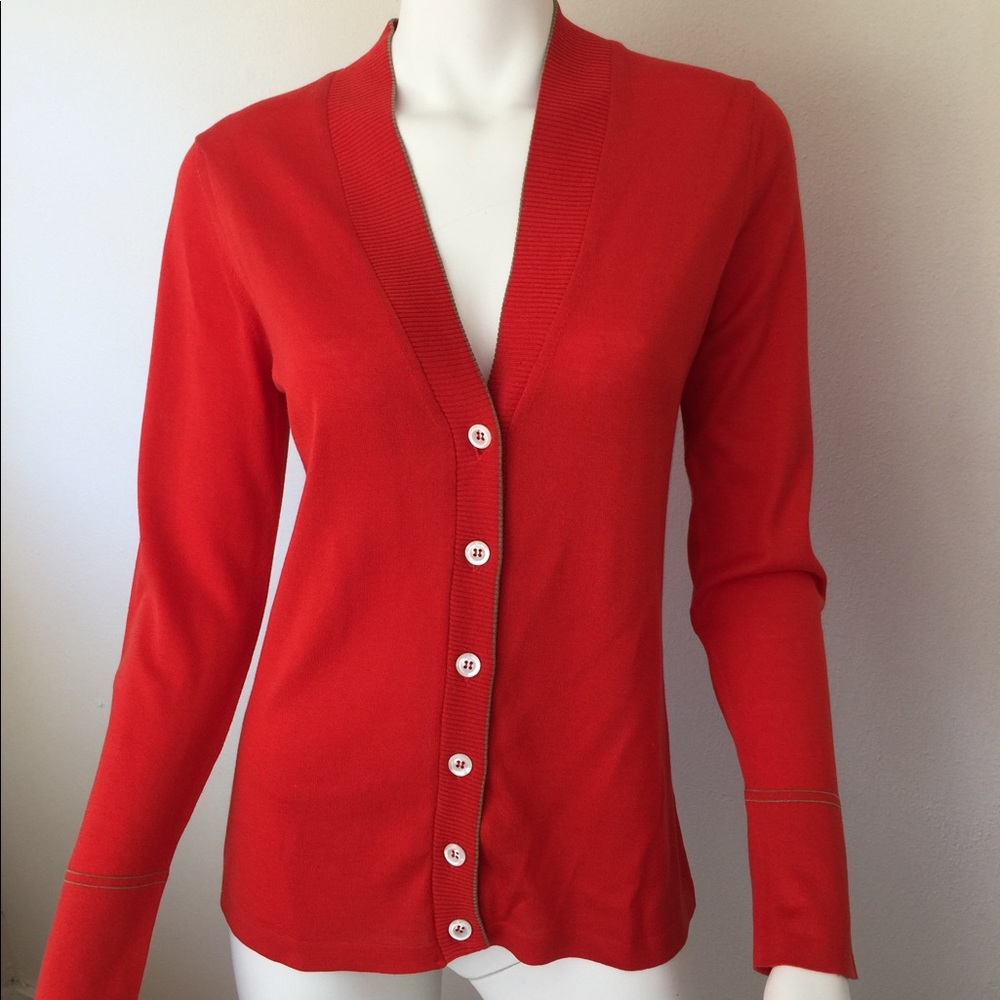 NWOT Malo orange silk/cotton cardigan w/tan trim